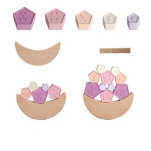 Jeu d’inspiration Montessori étoiles de toutes les couleurs sur demi lune en bois